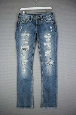 Silver Jeans Co Suki Flap Slim Womens Distressed Denim Jeans 26x31